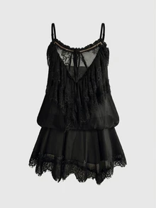 ROMWE Avant Minimalist Sexy Palace Romantic Vacation Sheer Mesh Lace Spaghetti Strap Plus Size Women's Short Dress - Black - View 1