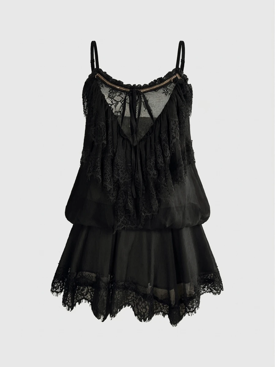 ROMWE Avant Minimalist Sexy Palace Romantic Vacation Sheer Mesh Lace Spaghetti Strap Plus Size Women's Short Dress - Black - View 1