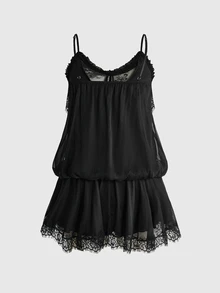 ROMWE Avant Minimalist Sexy Palace Romantic Vacation Sheer Mesh Lace Spaghetti Strap Plus Size Women's Short Dress - Black - View 2