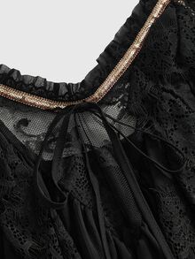 ROMWE Avant Minimalist Sexy Palace Romantic Vacation Sheer Mesh Lace Spaghetti Strap Plus Size Women's Short Dress - Black - View 4