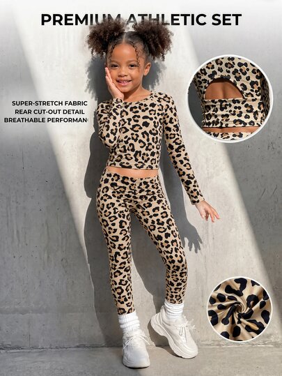SHEIN 2 Pc Young Girls Sporty Casual Elegant Exquisite Slim Fit Comfortable Knitted Khaki Leopard Print Long Sleeve Pants Set Suitable For Gymnastics Suitable For Dancing Suitable For Indoor Sports Training Suitable For Stage Performance Suitable For Spring Suitable For Summer Suitable For All Seasons Indoor