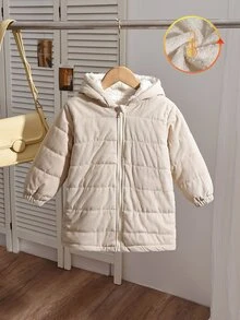 SHEIN Elladie kids 1件女童編織拉鍊連帽外套，多功能加厚外衣，增添童年魅力，適合0-3歲兒童，絎縫工藝，填充均勻，輕盈且蓬鬆外觀，觸感柔軟，適合旅行、度假與冬季 - 杏色 - 查看 4