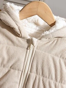 SHEIN Elladie kids 1件女童編織拉鍊連帽外套，多功能加厚外衣，增添童年魅力，適合0-3歲兒童，絎縫工藝，填充均勻，輕盈且蓬鬆外觀，觸感柔軟，適合旅行、度假與冬季 - 杏色 - 查看 6