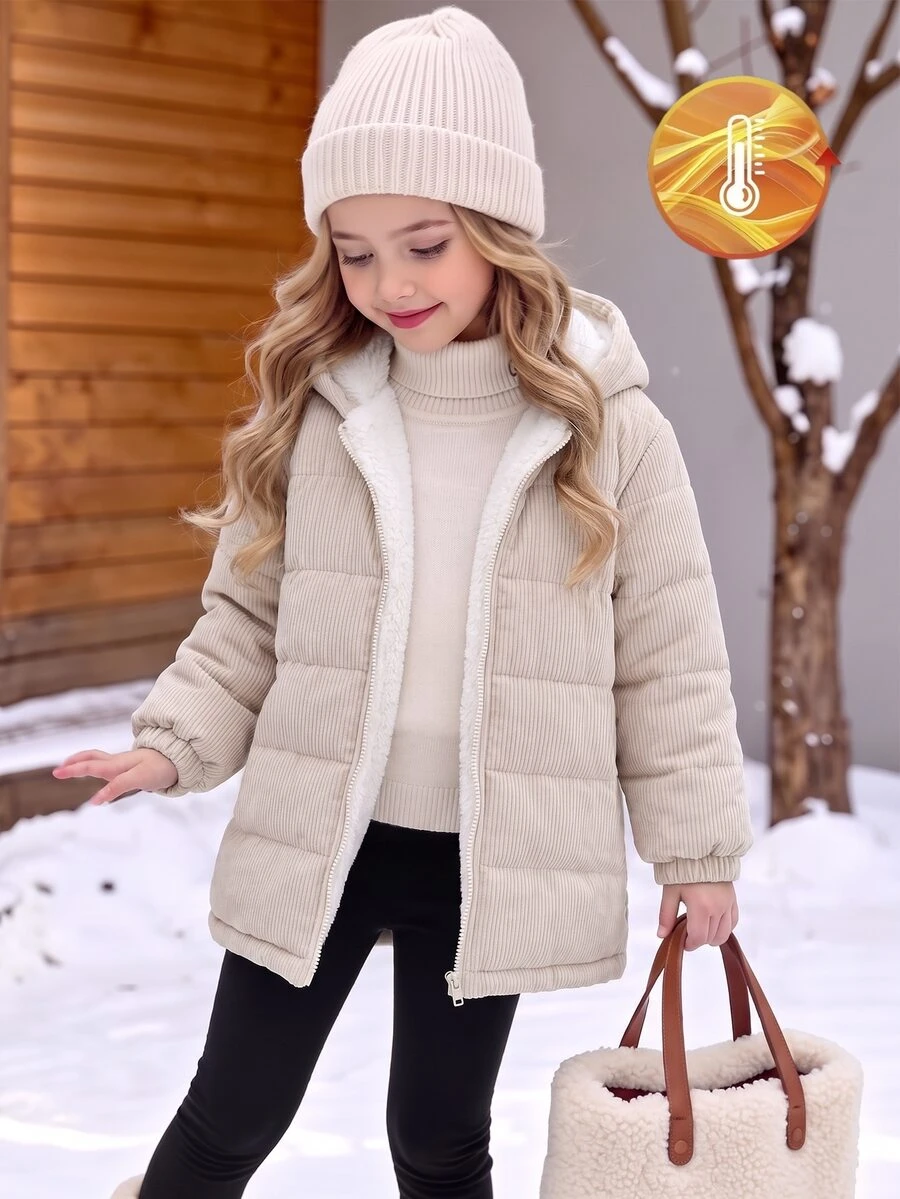 SHEIN Elladie kids 1件女童編織拉鍊連帽外套，多功能加厚外衣，增添童年魅力，適合0-3歲兒童，絎縫工藝，填充均勻，輕盈且蓬鬆外觀，觸感柔軟，適合旅行、度假與冬季 - 杏色 - 查看 1