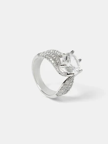 Aravennia 1pc Elegant Silver Solid Color Fashion Pear-Shaped Large Water Drop Ring For Women, Glossy Round Micro-Inlaid Zirconia Geometric Open Adjustable - Silver - View 10