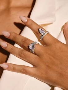Aravennia 1pc Elegant Silver Solid Color Fashion Pear-Shaped Large Water Drop Ring For Women, Glossy Round Micro-Inlaid Zirconia Geometric Open Adjustable - Silver - View 1
