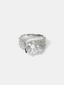 Aravennia 1pc Elegant Silver Solid Color Fashion Pear-Shaped Large Water Drop Ring For Women, Glossy Round Micro-Inlaid Zirconia Geometric Open Adjustable - Silver - View 8