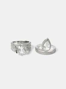 Aravennia 1pc Elegant Silver Solid Color Fashion Pear-Shaped Large Water Drop Ring For Women, Glossy Round Micro-Inlaid Zirconia Geometric Open Adjustable - Silver - View 2