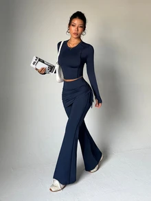 SHEIN Unity Women's Solid Color Long Sleeve Top And Tie-Waist Flared Pants Sports Set - Navy Blue - View 4