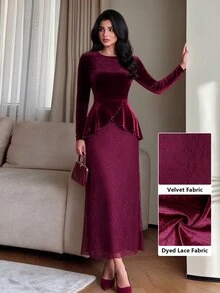 Modelyn Women's Burgundy Knitted Long Sleeve Cinched Waist Asymmetrical Hem A-Line Romantic Elegant Commute Party Midi Dress - Red - View 8