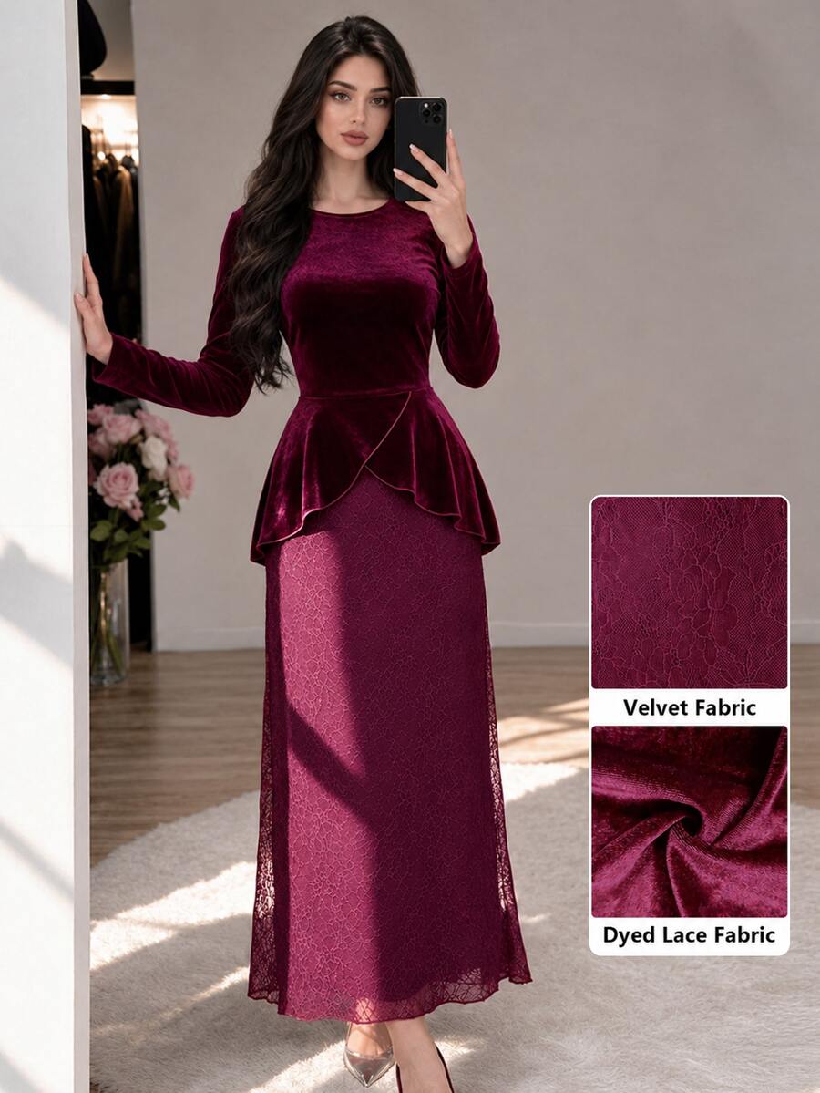 Modelyn Women's Burgundy Knitted Long Sleeve Cinched Waist Asymmetrical Hem A-Line Romantic Elegant Commute Party Midi Dress