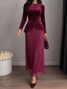 Modelyn Women's Burgundy Knitted Long Sleeve Cinched Waist Asymmetrical Hem A-Line Romantic Elegant Commute Party Midi Dress - Red - View 5