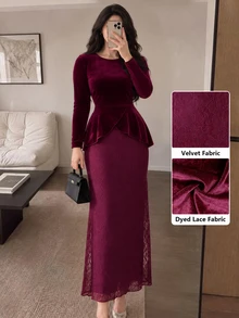 Modelyn Women's Burgundy Knitted Long Sleeve Cinched Waist Asymmetrical Hem A-Line Romantic Elegant Commute Party Midi Dress - Red - View 7