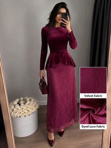 Modelyn Women's Burgundy Knitted Long Sleeve Cinched Waist Asymmetrical Hem A-Line Romantic Elegant Commute Party Midi Dress - Red - View 6