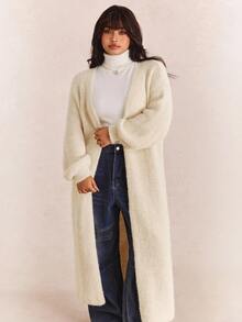 CovetEZ Autumn/Winter Solid Color Plush Soft Casual Elegant Versatile Plus Size Long Cardigan Sweater Evening Formal Cream - Beige - View 8