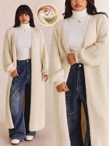 CovetEZ Autumn/Winter Solid Color Plush Soft Casual Elegant Versatile Plus Size Long Cardigan Sweater Evening Formal Cream - Beige - View 3