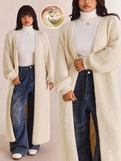 CovetEZ Autumn/Winter Solid Color Plush Soft Casual Elegant Versatile Plus Size Long Cardigan Sweater Evening Formal Cream