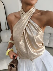 Lavishia 女款浪漫性感海灘夜出新年穿搭，優雅金屬金夏季時尚派對夜會塗層露背掛脖上衣閃亮上衣 - 金色 - 查看 2