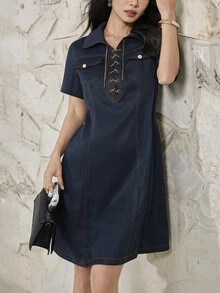 Heiryn Women's Metal Decor Pocket Fashion Sexy Short Sleeve Mini Dress Golf Pastal Autumn - Blue - View 5