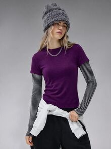 COUREZ 雙層長袖運動上衣 / Y2K長袖條紋上衣 女款冬季衣著 女款秋季穿搭 女款秋季衣著 - 紫色 - 查看 7