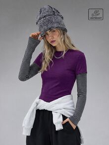 COUREZ 雙層長袖運動上衣 / Y2K長袖條紋上衣 女款冬季衣著 女款秋季穿搭 女款秋季衣著 - 紫色 - 查看 2
