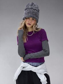 COUREZ 雙層長袖運動上衣 / Y2K長袖條紋上衣 女款冬季衣著 女款秋季穿搭 女款秋季衣著 - 紫色 - 查看 1