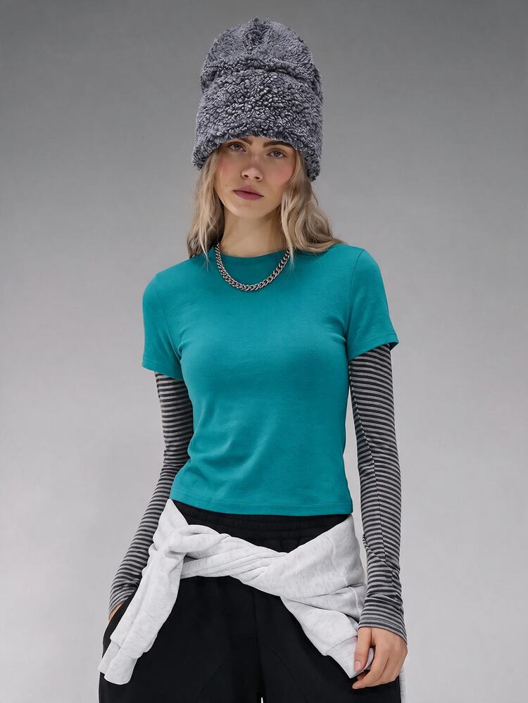 COUREZ Double Layer Long Sleeve Sports Top / Y2K Long Sleeve Top Stripe Tops For Women Winter Clothing Women Fall Outfits For Women Fall Clothing For Women - Teal Blue - View 8
