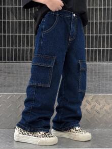 SHEIN Young Boy Casual Loose Fit Contrast Stitching Straight Leg Cargo Jeans, Versatile, School, Campus, College Chic For Autumn/Winter - Dark Wash - View 4