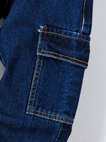 SHEIN Young Boy Casual Loose Fit Contrast Stitching Straight Leg Cargo Jeans, Versatile, School, Campus, College Chic For Autumn/Winter - Dark Wash - View 8