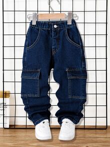 SHEIN Young Boy Casual Loose Fit Contrast Stitching Straight Leg Cargo Jeans, Versatile, School, Campus, College Chic For Autumn/Winter - Dark Wash - View 5
