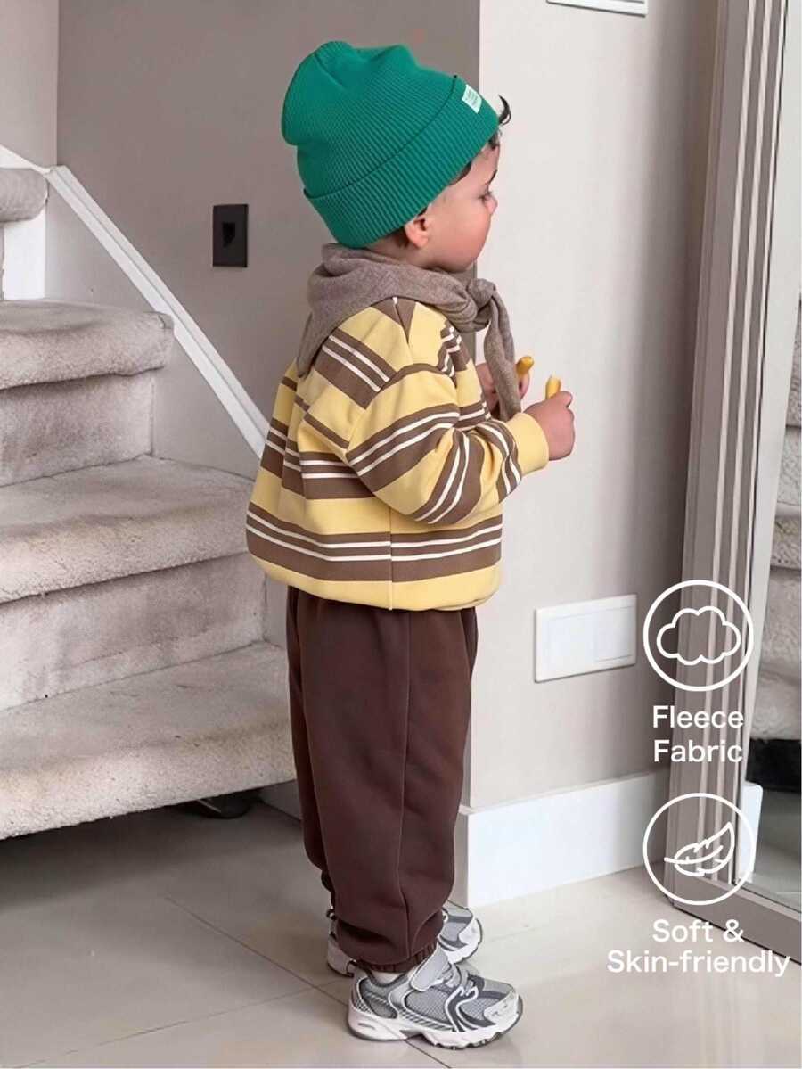 SHEIN Bubblio Baby Boy Casual Minimalist Loose Comfortable Yellow Brown Striped Print Crew Neck Pullover Sweatshirt Brown Solid Color Comfortable Loose Sweatpants Sweatshirt Set Suitable For Autumn/Winter Suitable For Outings Suitable For Parties Suitable For Holidays - Yellow - View 1