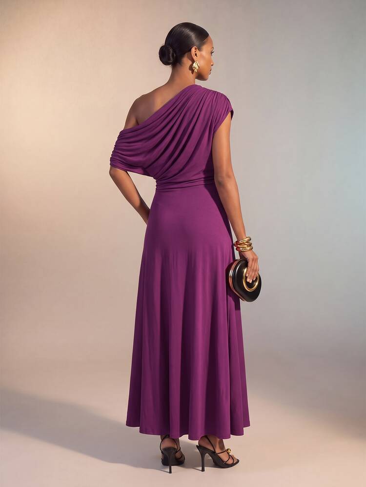 Zivah New Autumn/Winter Elegant Commuter Casual Purple Asymmetrical Shoulder Knit Long Dress For Women, Suitable For Daily Outings, Shopping, Workplace, Party, Holiday, Going Out, Wedding Guest, Back To School, Prom, Gathering, Birthday, Airport Outfit, Brunch, Graduation, Country Concert, Vacation, Club - Purple - View 2