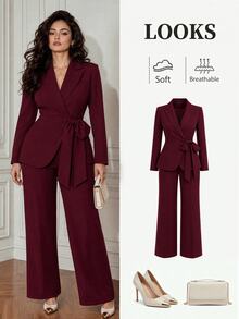 GlowEve CURVE Plus Size Elegant Commuter Solid Color Tie-Waist Wrap Jacket & Pants Suit - Burgundy - View 1