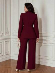 GlowEve CURVE Plus Size Elegant Commuter Solid Color Tie-Waist Wrap Jacket & Pants Suit - Burgundy - View 2