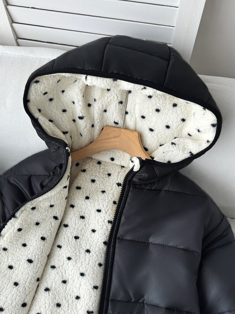 SHEIN Tween Girl Casual All-Match Kids Versatile Thick Hooded Loose Long Sleeve Padded Coat , Black & White Polka Dot Fleece Reversible Coat Fall/Winter - Black and White - View 6