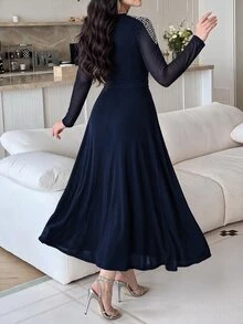 Feyla Women's Versatile Faux Pearl Decor Ruffle Midi Dress,Dresses For Women Summer - Navy Blue - View 2