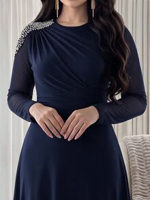 Feyla Women's Versatile Faux Pearl Decor Ruffle Midi Dress,Dresses For Women Summer - Navy Blue - View 3