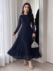 Feyla Women's Versatile Faux Pearl Decor Ruffle Midi Dress,Dresses For Women Summer - Navy Blue - View 4