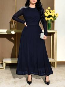 Feyla Women's Versatile Faux Pearl Decor Ruffle Midi Dress,Dresses For Women Summer - Navy Blue - View 9