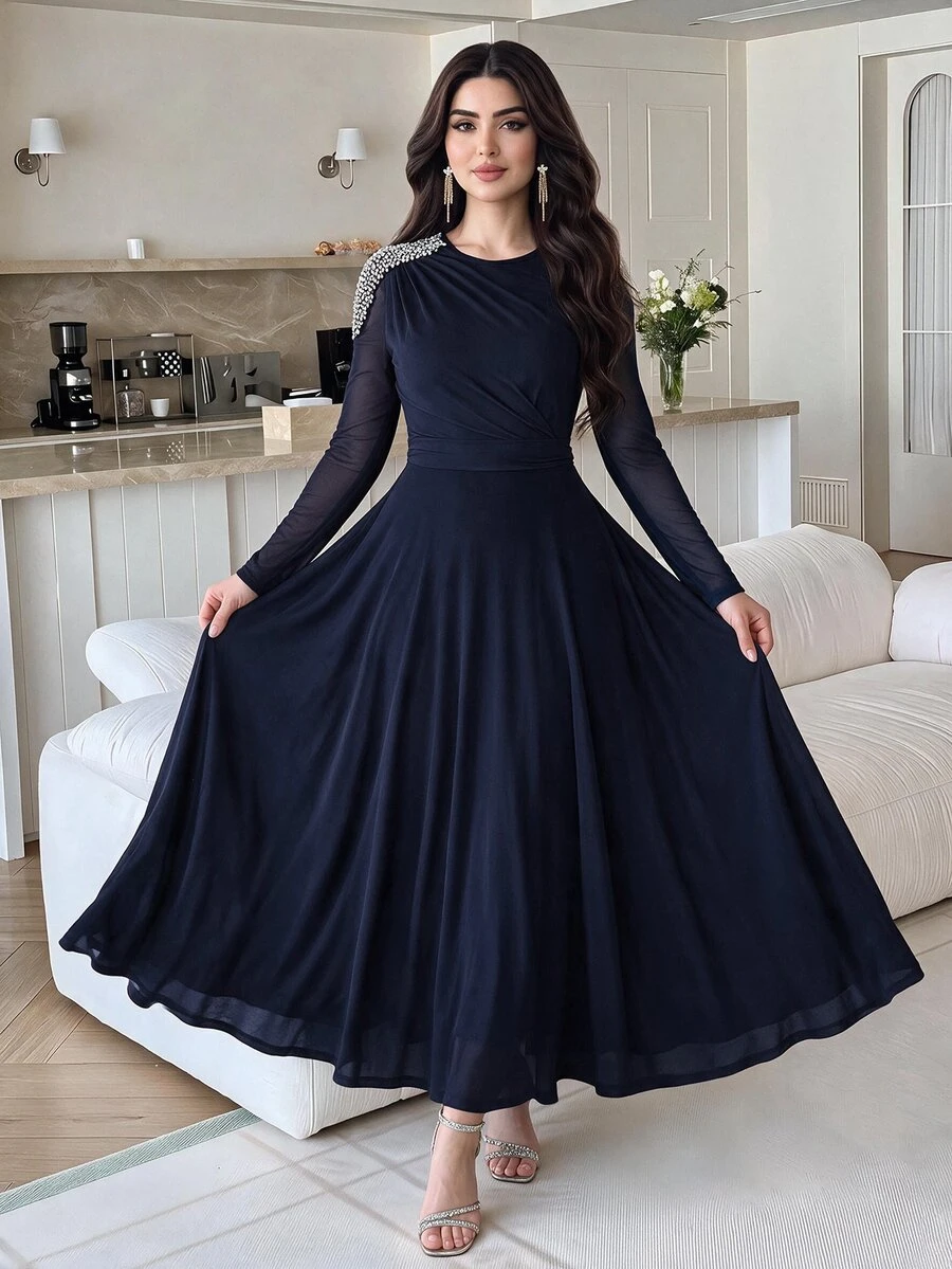 Feyla Women's Versatile Faux Pearl Decor Ruffle Midi Dress,Dresses For Women Summer - Navy Blue - View 1