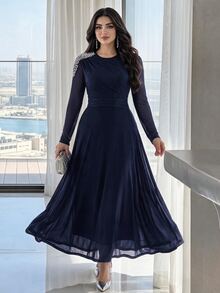Feyla Women's Versatile Faux Pearl Decor Ruffle Midi Dress,Dresses For Women Summer - Navy Blue - View 6