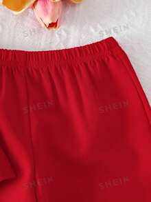 SHEIN 2件組女嬰紅色套裝 可愛夏季紅白格紋3D蝴蝶結無袖上衣與休閒長褲套裝 幼童公主2歲生日穿搭 - 紅色 - 查看 7