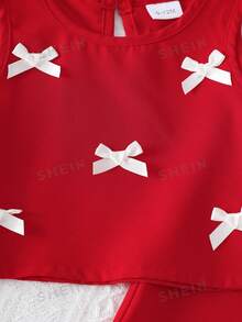 SHEIN 2件組女嬰紅色套裝 可愛夏季紅白格紋3D蝴蝶結無袖上衣與休閒長褲套裝 幼童公主2歲生日穿搭 - 紅色 - 查看 4