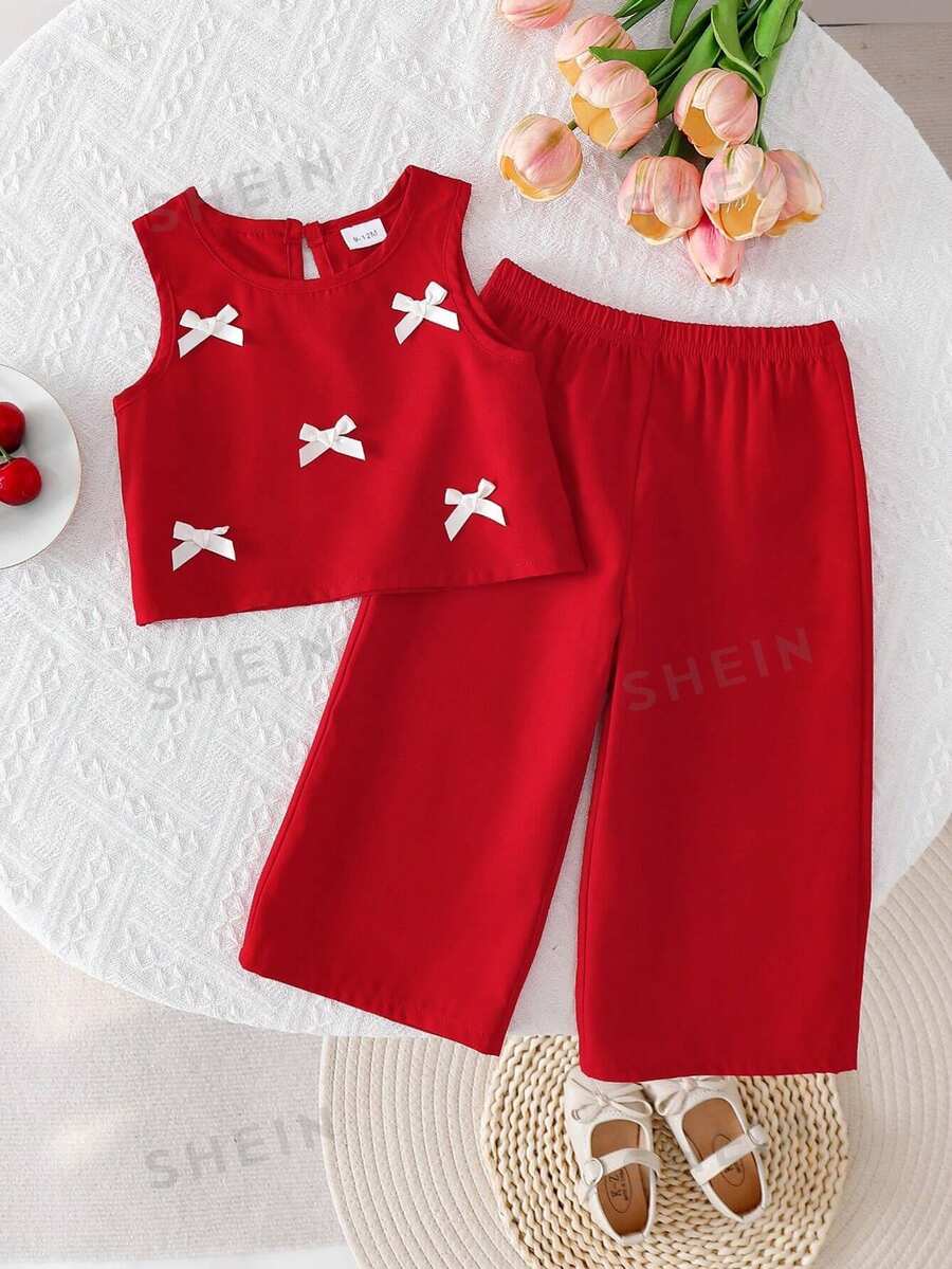 SHEIN 2件組女嬰紅色套裝 可愛夏季紅白格紋3D蝴蝶結無袖上衣與休閒長褲套裝 幼童公主2歲生日穿搭