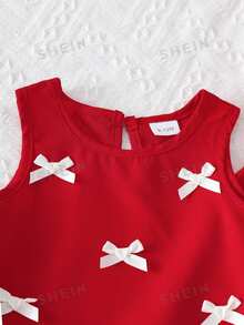 SHEIN 2件組女嬰紅色套裝 可愛夏季紅白格紋3D蝴蝶結無袖上衣與休閒長褲套裝 幼童公主2歲生日穿搭 - 紅色 - 查看 5