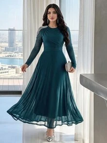 Feyla 女款優雅成熟派對晚宴雞尾酒洋裝，飾有珠飾裝飾與收腰設計，適合秋季/婚禮，深青色聖誕款 - 水鴨藍 - 查看 1