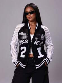 Rustia Plus Size Letter & Number Print Mesh Knit ZipUp Varsity Jacket, Black And White Contrast Raglan Sleeve Striped Trim Baseball Collar Knit Coat For Wom - Black and White - View 4