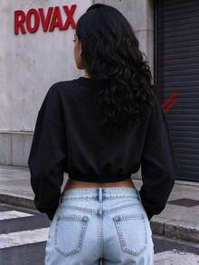 Rovax Loose Fit Cropped Crew Neck Drop Shoulder Long Sleeve Top - Black - View 2