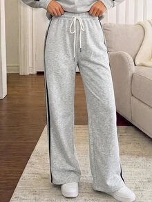 Easowa Casual Athleisure Long Pants Women's Drawstring Waist Side Stripe Straight Leg Looselounge Gym Light Grey Fall - Grey - View 3