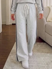 Easowa Casual Athleisure Long Pants Women's Drawstring Waist Side Stripe Straight Leg Looselounge Gym Light Grey Fall - Grey - View 2